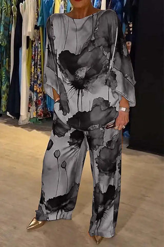 Image of Conjuntos Para Mujeres 2 Piezas Women Printed Satin Two-piece Set, 3/4 Sleeve Round Neck Pants, Summer Fashion,pant Sets-FrenzyAfricanFashion.com