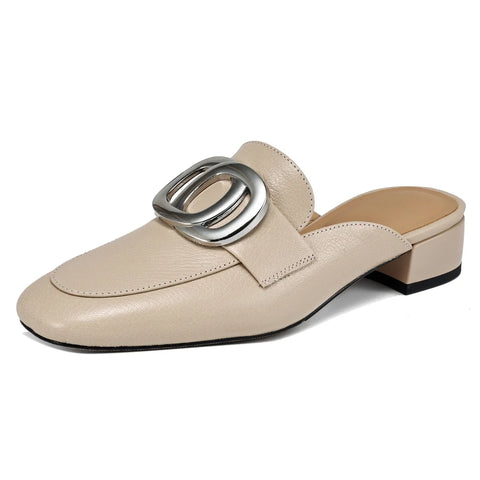 Image of Plus size 34-41 women's genuine leather square toe slip-on flats summer mules metal buckle decoration casual female sandals shoe-FrenzyAfricanFashion.com