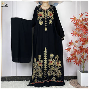 Women Abaya Clothing Floral Embroidery Cotton Long Sleeved Dresses Loose Robe With Headscarf-FrenzyAfricanFashion.com