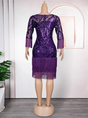 Image of Elegant Sequin Dresses For Women African Clothing Wedding Party Evening Gown Dashiki Tassel Bodycon Robe Dubai Turkey Dress-FrenzyAfricanFashion.com