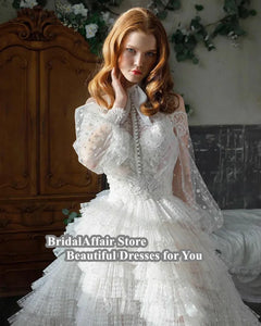 Lace Appliques A Line Ruffles Bridal Dress Full Lace Sleeves-FrenzyAfricanFashion.com