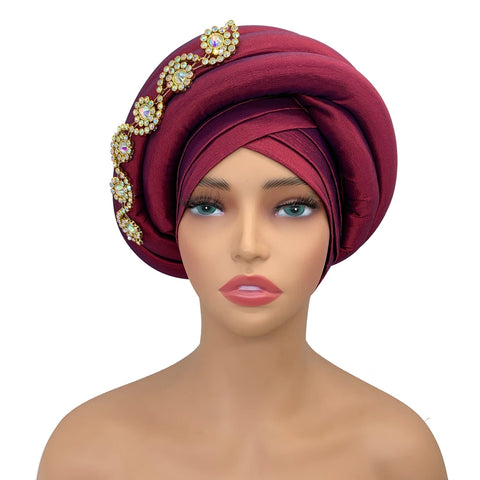 Image of Twisted Braid Turban Cap for Women African Lady Head Wraps Diamonds Nigeria Raw Silk Autogele Headtie Muslim Hat Party Headwear-FrenzyAfricanFashion.com