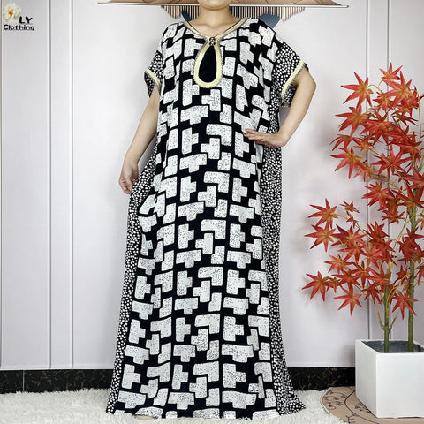 Image of Women Short Sleeve Cotton Loose Dress Boubou Maxi Dresses With Scarf-FrenzyAfricanFashion.com