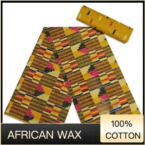 Image of Ankara African Fabric kente gold Real Wax Dress Craft DIY Cotton 4+2yards-FrenzyAfricanFashion.com