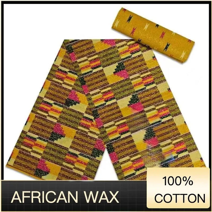 Ankara African Fabric kente gold Real Wax Dress Craft DIY Cotton 4+2yards-FrenzyAfricanFashion.com