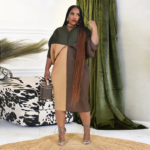 Image of Women Pleated Batwing Long Sleeve V-neck Slim Maxi Long Dress Ruched Dresses-FrenzyAfricanFashion.com