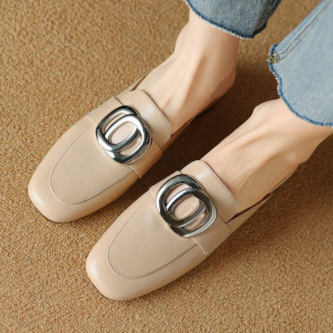 Image of Plus size 34-41 women's genuine leather square toe slip-on flats summer mules metal buckle decoration casual female sandals shoe-FrenzyAfricanFashion.com