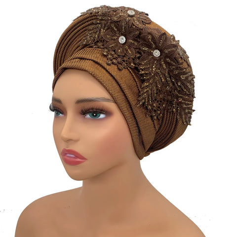 Image of Embroidery Flower African Autogele Headtie Women's Fashion Turban Cap Wedding Gele Party Headpiece Nigeria Female Head Wraps-FrenzyAfricanFashion.com