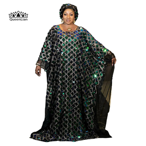 Image of Unique Plus Size African Print Dashiki Dress with Batwing Sleeves and Glitter Sequin Accents for Women-FrenzyAfricanFashion.com