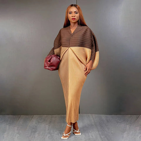 Image of Women Pleated Batwing Long Sleeve V-neck Slim Maxi Long Dress Ruched Dresses-FrenzyAfricanFashion.com