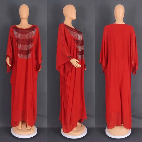 Image of Plus Size 2023 Fashion New Round Neck Long Sleeve Hot Diamond Loose Fit Dress Chiffon Casual Solid Color Long Dress-FrenzyAfricanFashion.com