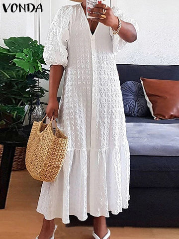 Image of Women Shirt Dress Sexy V Neck Buttons Half Sleeve Long Maxi Bohemian-FrenzyAfricanFashion.com