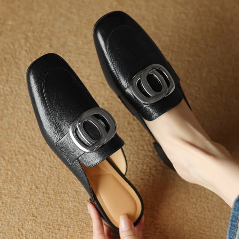 Image of Plus size 34-41 women's genuine leather square toe slip-on flats summer mules metal buckle decoration casual female sandals shoe-FrenzyAfricanFashion.com