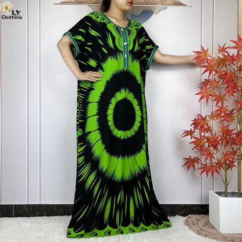 Image of Party Dress Women Loose Cotton Short Sleeve Maxi Robe Floral Abaya-FrenzyAfricanFashion.com