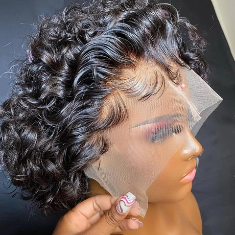 Image of Pixie Cut Wig 99J Color Lace Wig Spring curl Short Bob Human Hair Wig For Women Natural Black Color Blonde Jarin Hair Cheap Wig-FrenzyAfricanFashion.com