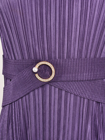 Image of Waist Pleated Dress For Women V-neck Long Sleeves Designer Spliced Dresses-FrenzyAfricanFashion.com