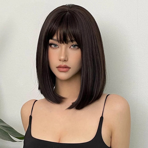 Image of Short Black Brown Synthetic Natural Hair Wigs for Women Bob Straight Wig with Bangs High Temperature Daily Cosplay Party Wigs-FrenzyAfricanFashion.com