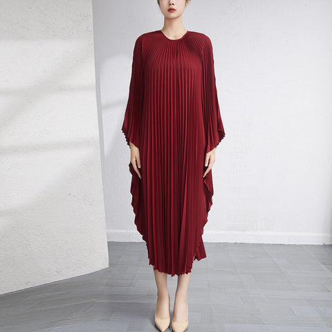 Image of Solid Batwing Sleeve Pleated Dress Loose Irregular Clothing Spring Autumn-FrenzyAfricanFashion.com