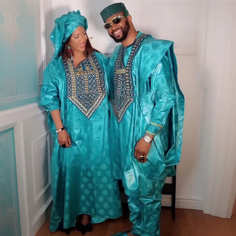 Image of Formal Attire Bazin Riche Dashiki Green Shirt Pants Robe Suit Agbada-FrenzyAfricanFashion.com