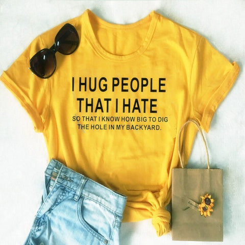 Image of Cotton T Shirt I Hug People That I Hat Letter Print Women Short Sleeve O Neck Loose Tshirt Summer Causal Tee Shirt Tops-FrenzyAfricanFashion.com