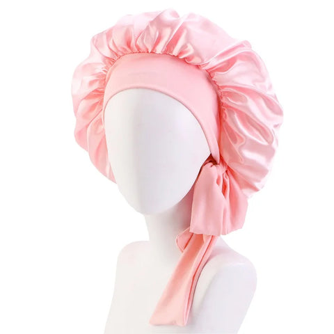 Image of Satin Solid Sleeping Hat with Stretchy Tie Band Elastic Night Shower Cap Adjustable Hair Head Cover Bonnet turban-FrenzyAfricanFashion.com