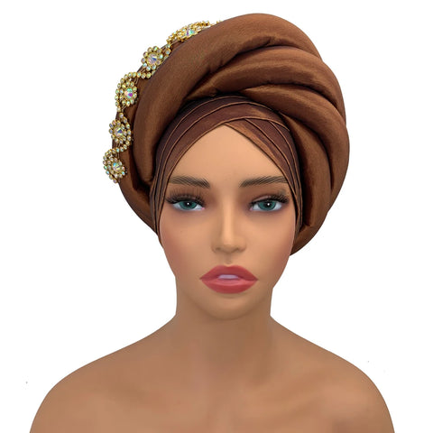 Image of Twisted Braid Turban Cap for Women African Lady Head Wraps Diamonds Nigeria Raw Silk Autogele Headtie Muslim Hat Party Headwear-FrenzyAfricanFashion.com