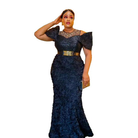 Image of woman Mesh dress rhinestone sequin belt elegant evening gown-FrenzyAfricanFashion.com