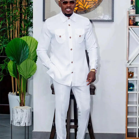 Image of Men Suit Solid Color Button Jacket and Suit Pants 2 Piece Set Wedding-FrenzyAfricanFashion.com