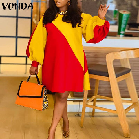 Image of VONDA Oversize Femme Pleated Polyester 3/4 Sleeve Loose Vestido Elegant Women Fashion Robe O Neck A-Line Patchwork Midi Sundress-FrenzyAfricanFashion.com