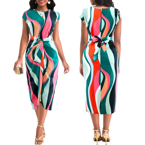 Image of Women Abstract Printed Round Neck Dress-FrenzyAfricanFashion.com