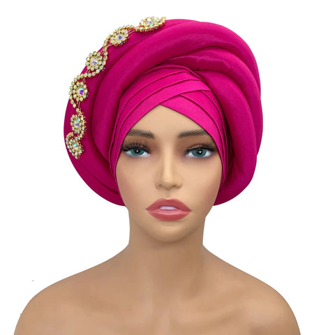 Image of Twisted Braid Turban Cap for Women African Lady Head Wraps Diamonds Nigeria Raw Silk Autogele Headtie Muslim Hat Party Headwear-FrenzyAfricanFashion.com