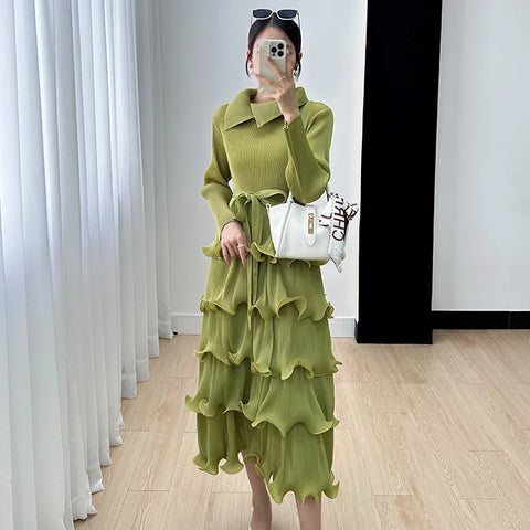 Image of Pleated Wood Ear Edge Maix Dress for Women's w Vintage Cake Skirt Spliced Lapel Mid Length Dress-FrenzyAfricanFashion.com