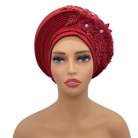 Image of Embroidery Flower African Autogele Headtie Women's Fashion Turban Cap Wedding Gele Party Headpiece Nigeria Female Head Wraps-FrenzyAfricanFashion.com