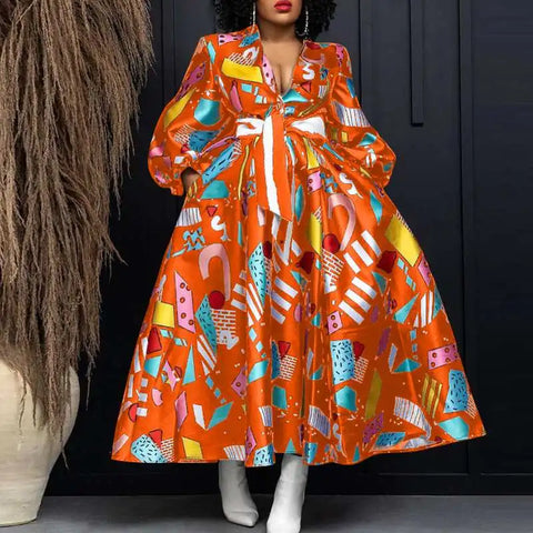 Image of Plus Size VONDA Elegant Women Satin Dress V-neck Bohemian Ruffled Long Dress Floral Printed Puff Sleeve Casual Sundress Belted-FrenzyAfricanFashion.com