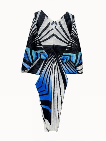 Image of Zebra Stripes Pleated Dress Women Batwing Sleeves V Neck Long Length Party Dresses-FrenzyAfricanFashion.com