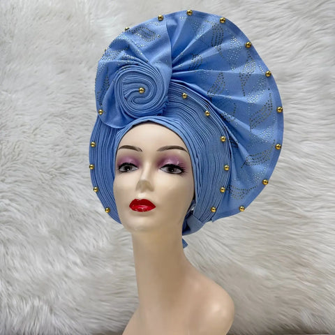 Image of Fahion High Quality Nigerian Gele Headtie Aso Oke Gele Already Made Auto Gele Aso Ebi Headtie African Turban with Bead Z1113-1-FrenzyAfricanFashion.com