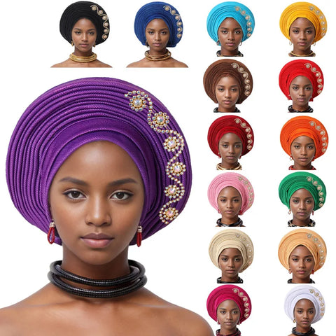 Image of African auto gele Headtie Wedding Party Headpiece Women Head Wraps Muslim Hat-FrenzyAfricanFashion.com