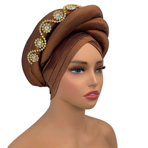 Image of Twisted Braid Turban Cap for Women African Lady Head Wraps Diamonds Nigeria Raw Silk Autogele Headtie Muslim Hat Party Headwear-FrenzyAfricanFashion.com