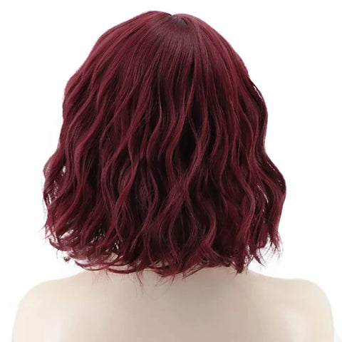 Image of Women Wigs Curly Short Bob with Bangs Wine Red Heat Resistant-FrenzyAfricanFashion.com