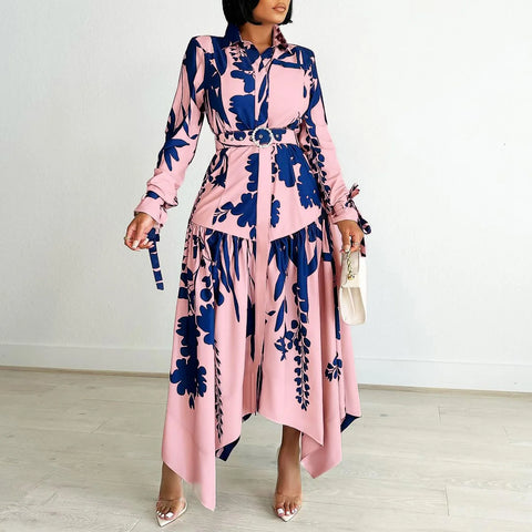 Image of Spring Casual Printed Irregular Maxi Dress Women Printing Button Party Evening Holidays Long Dress with Belt Women-FrenzyAfricanFashion.com