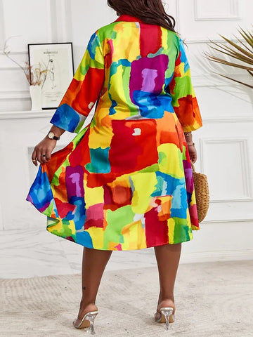 Image of Plus Size Melting Colors All-over Print Flowy Shirt Dress-FrenzyAfricanFashion.com