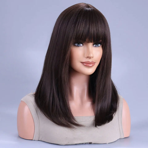 Image of Black Brown Synthetic Wig with Bangs Middle Long Straight Curly Wigs for Women Cosplay Daily Party Heat Resistant Fiber Hair-FrenzyAfricanFashion.com