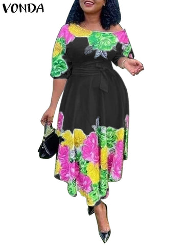 Image of Summer Off Shoulder Sexy Dress 2022 VONDA Fashion Women High Waist Floral Printed Dress Beach Sundress Femme Robe Party Oversize-FrenzyAfricanFashion.com