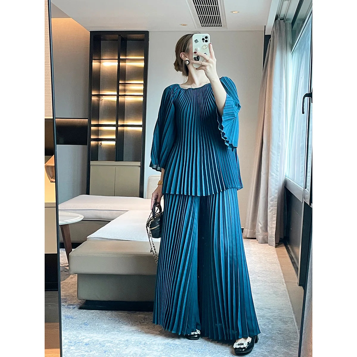 Elegant Pleated Set Women Loose Flare Sleeves Fold Blouse Wide Leg Pants-FrenzyAfricanFashion.com