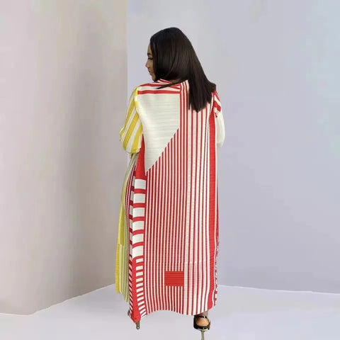 Image of New Miyake Pleated Stripe Print Dress Fashion Relaxed Party Temperament Long Dress Spring Elegant Women's-FrenzyAfricanFashion.com