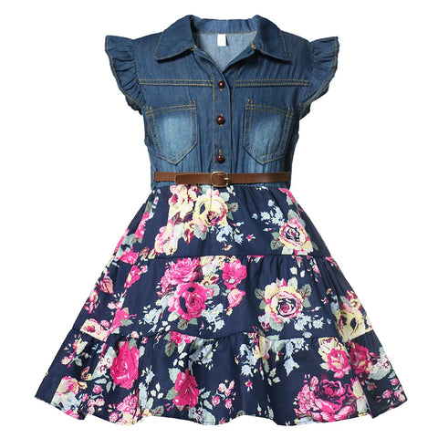 Image of Summer Girls Denim Floral Dress Short Sleeve Casual Clothes-FrenzyAfricanFashion.com