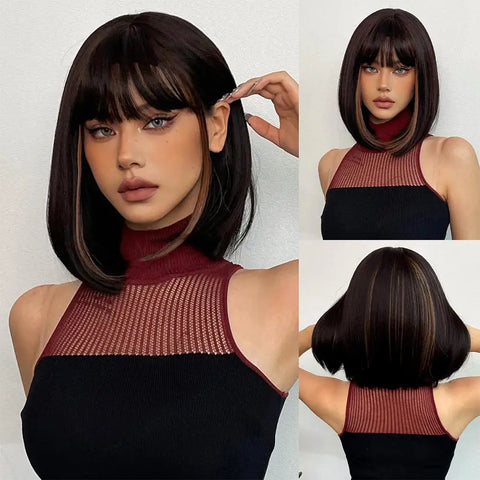 Image of Short Black Brown Synthetic Natural Hair Wigs for Women Bob Straight Wig with Bangs High Temperature Daily Cosplay Party Wigs-FrenzyAfricanFashion.com