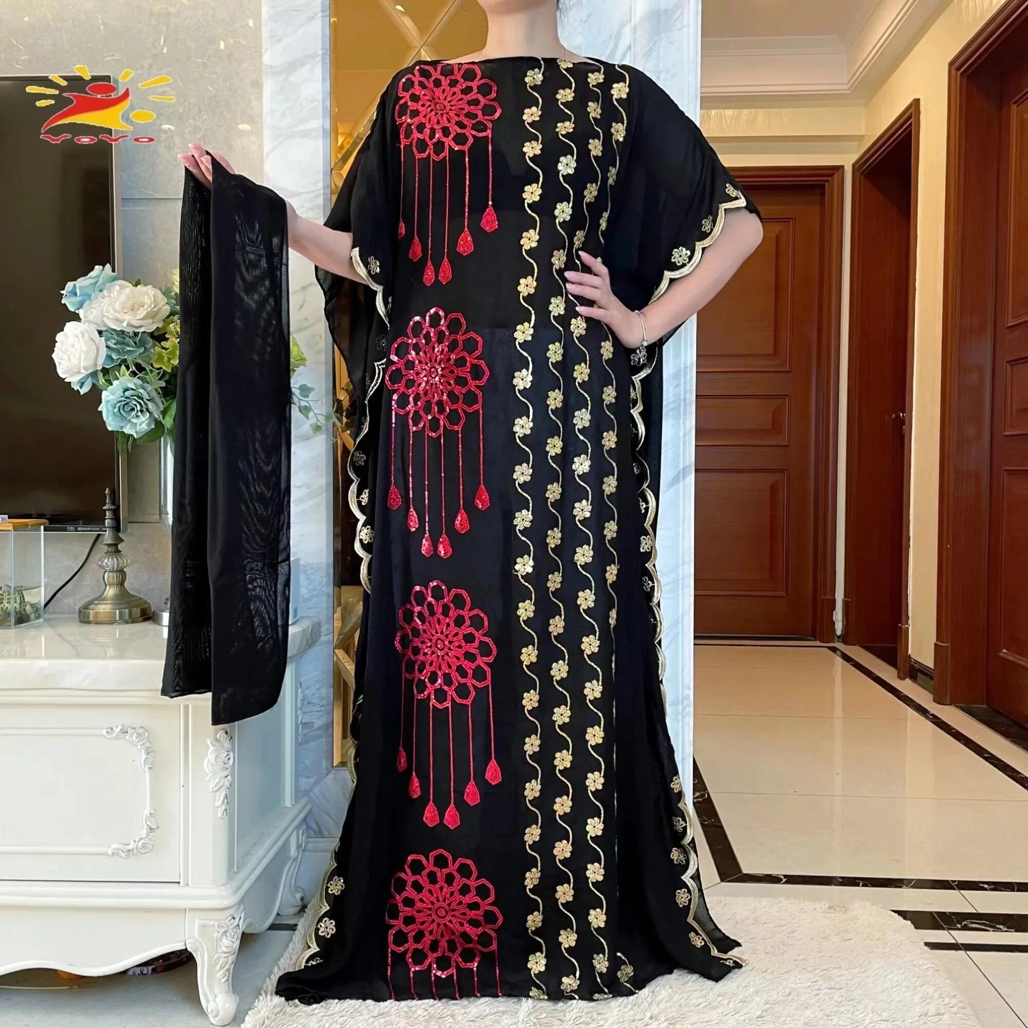 Women Abaya African Embroidery Flower Dress With Scarf-FrenzyAfricanFashion.com