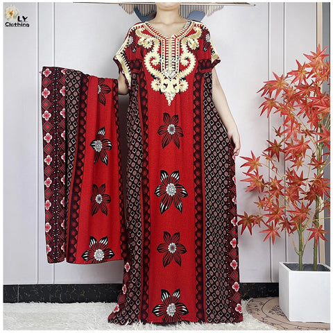 Image of Women Floral Dress African Dashiki Kaftan Short Sleeve Women Casual Hijab Dress-FrenzyAfricanFashion.com