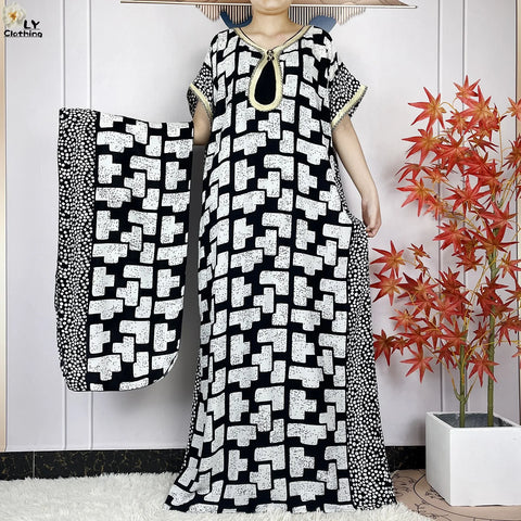 Image of Women Short Sleeve Cotton Loose Dress Boubou Maxi Dresses With Scarf-FrenzyAfricanFashion.com